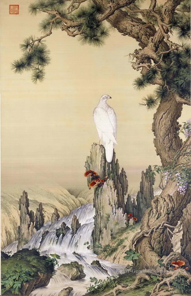 Lang strahlend weißen Vogel in der Nähe von Wasserfall Chinesischer Malerei Ölgemälde